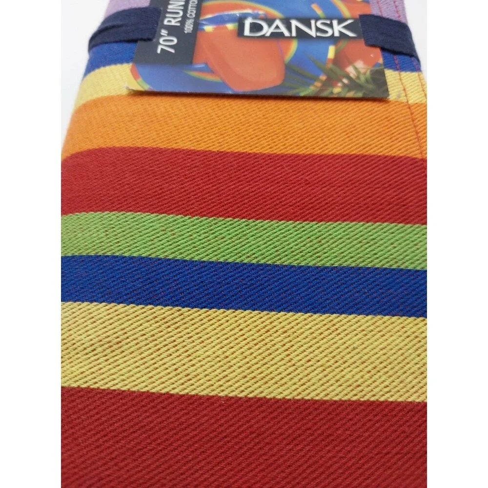 Vintage Dansk Antigua Rainbow Stripe Table Runner 70 inch 100 Percent Cotton NWT